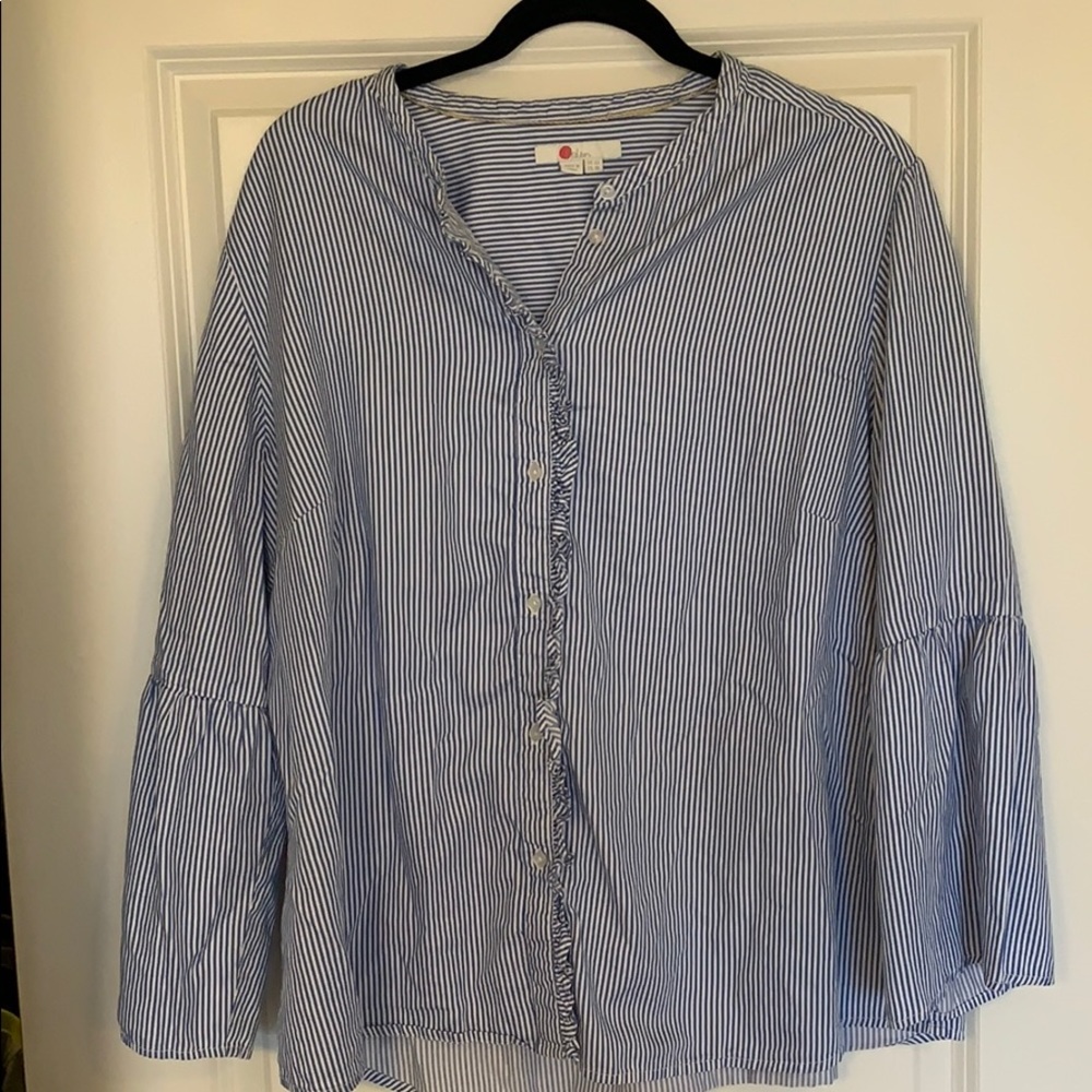Boden striped blouse, ruffle placket.